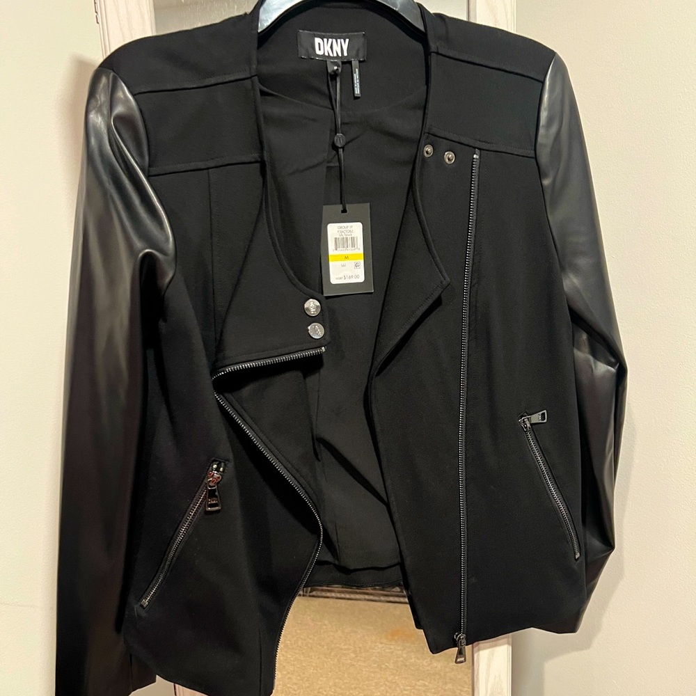 DKNY Black Faux Leather Sleeve Moto Jacket